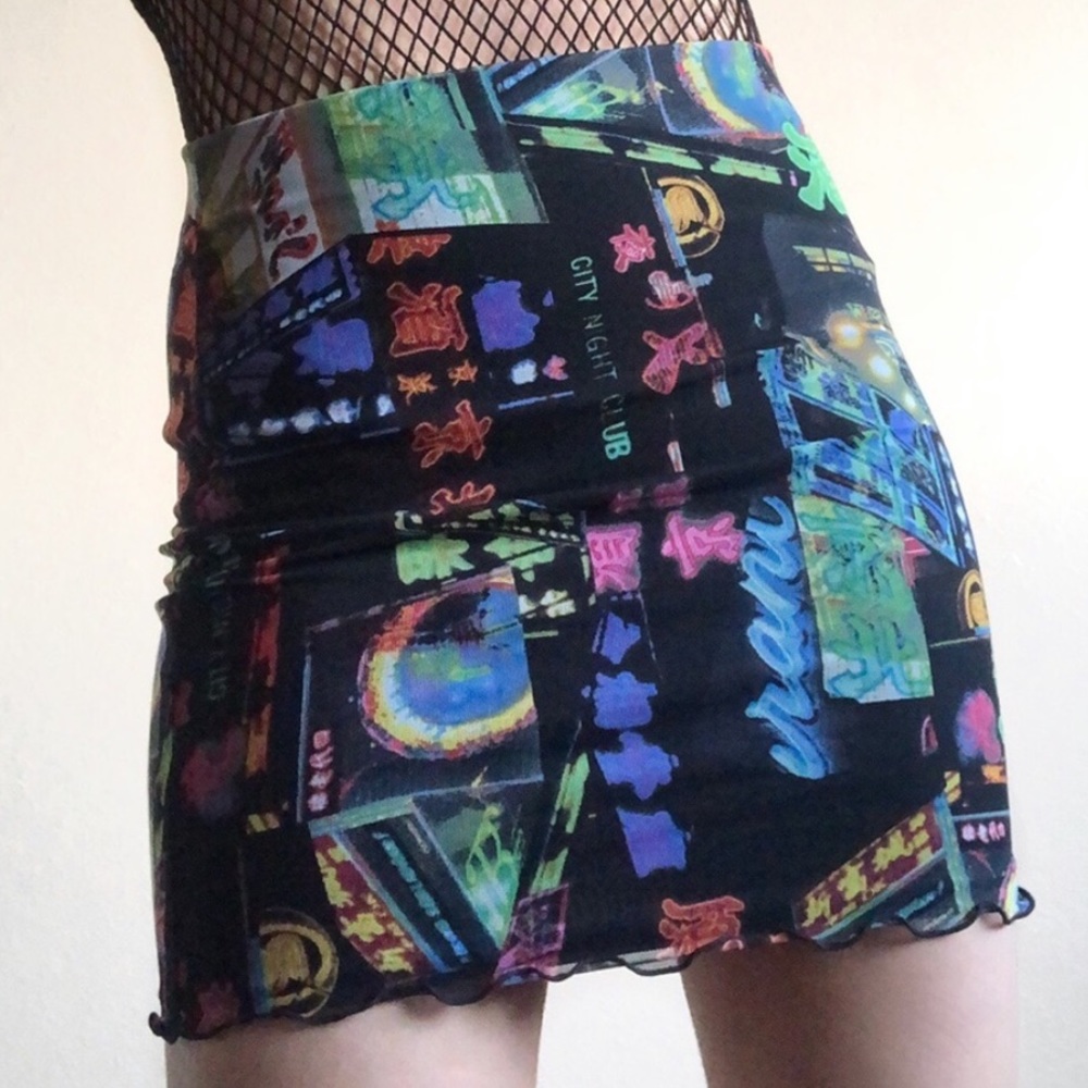 Neon Tokyo City Y2K Mesh Mini Skirt
